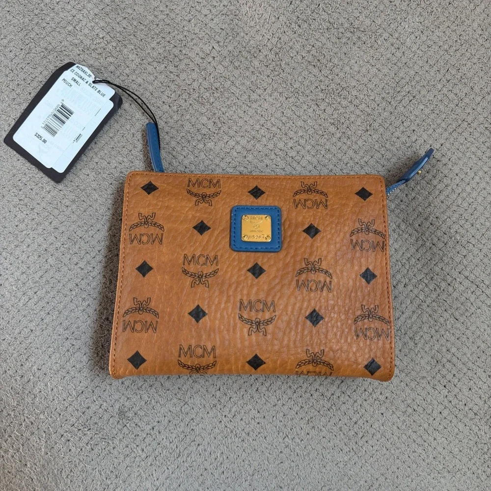 MCM Cognac Visetos Small Pouch Slate Blue Trim NWT MXZ8AXL30